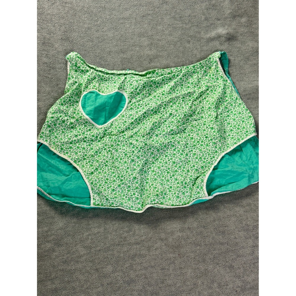Vintage Handmade Reversible Half Apron Green Floral Calico Heart Tulip Pocket
